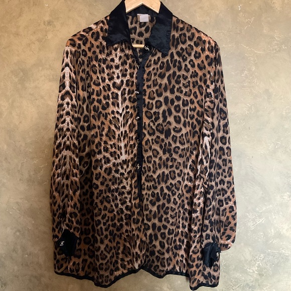 Vintage Tops - Vintage Sam Satin and Leopard Chiffon Longline Button Down Blouse
